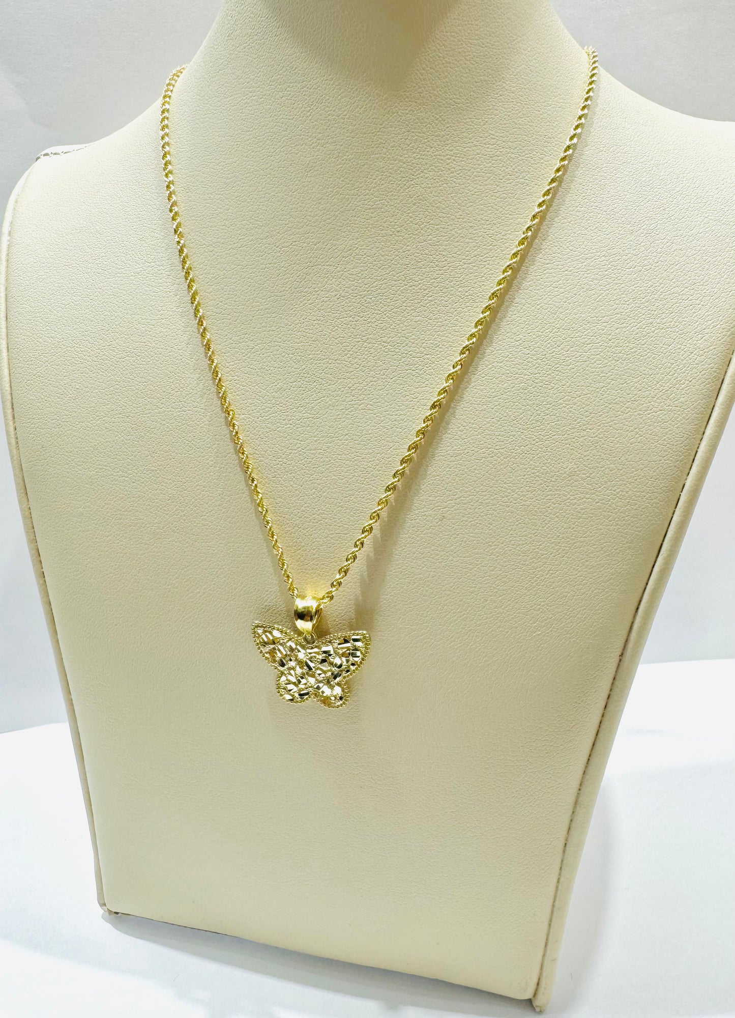 10K GOLD ROPE NECKLACE 22” ,WEIGHT: 1.3gm, WIDTH: 1.5mm WITH BUTTERFLY PENDANT, WEIGHT: 1.2gm