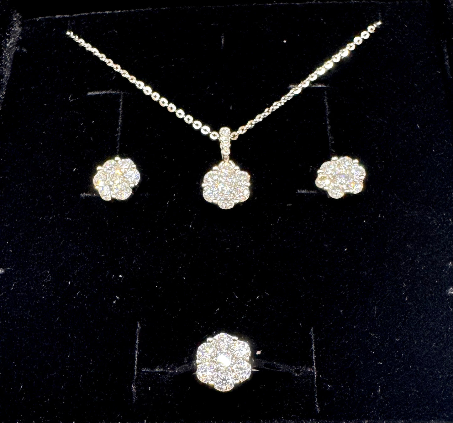 SILVER MOISSANITE FLORAL CLUSTER JEWELRY SET 2.35CT, RING-SIZE: 7