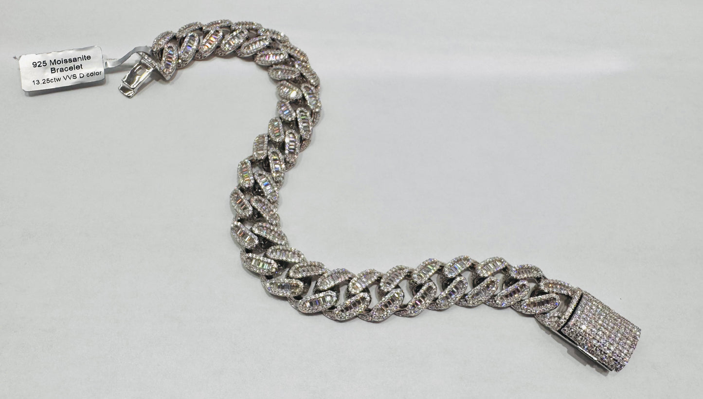 SILVER MOISSANITE CUBAN LINK BRACELET 8.5”, VVS 13.25ctw, WIDTH: 13.5mm