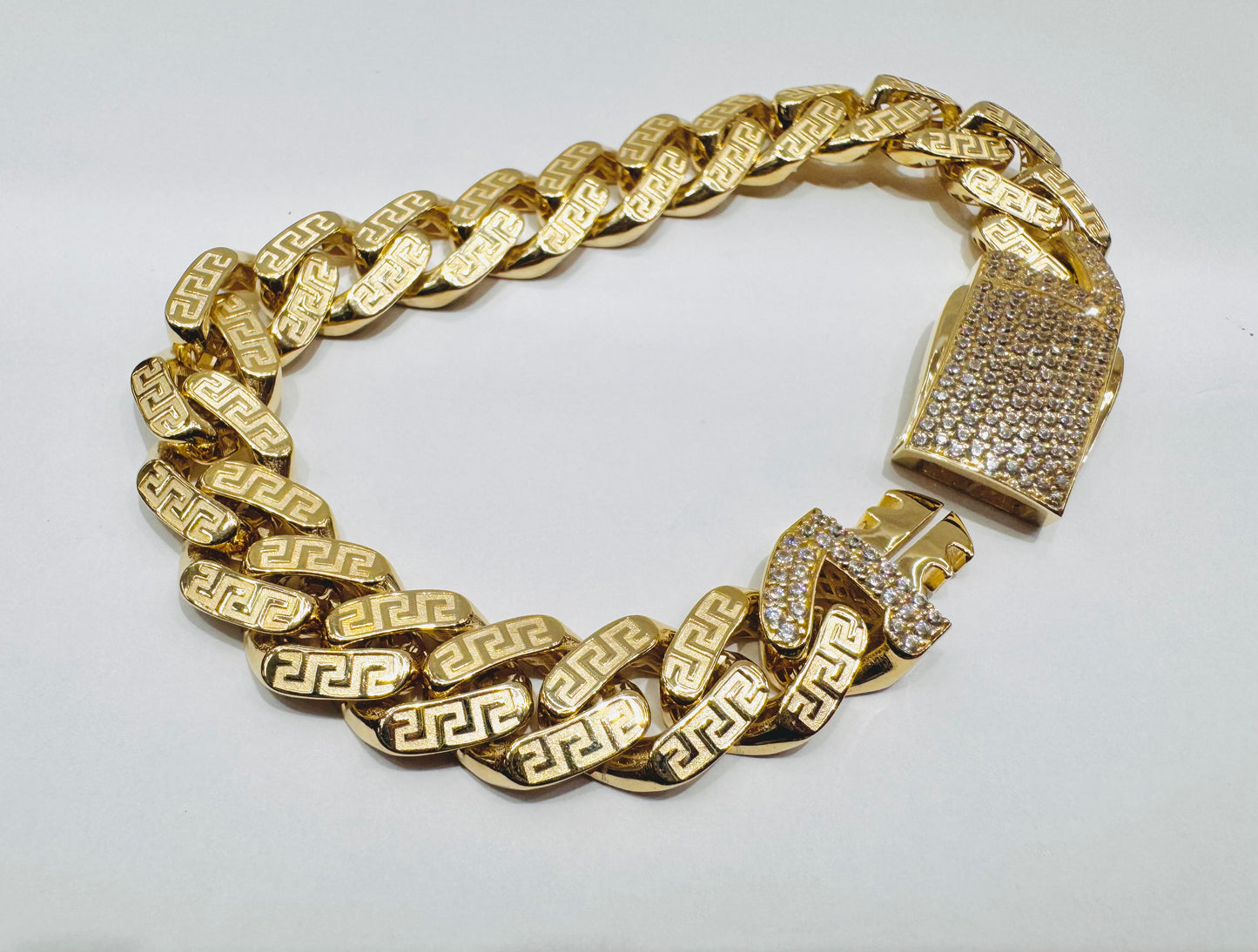 10K GOLD MONACO LINK BRACELET WITH VERSACE BORDER 9”, WIDTH: 13mm, WEIGHT: 18gm
