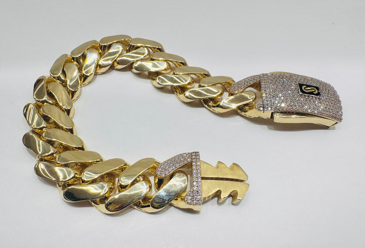 10K GOLD MONACO BRACELET 9”, WIDTH: 17mm, WEIGHT: 30gm