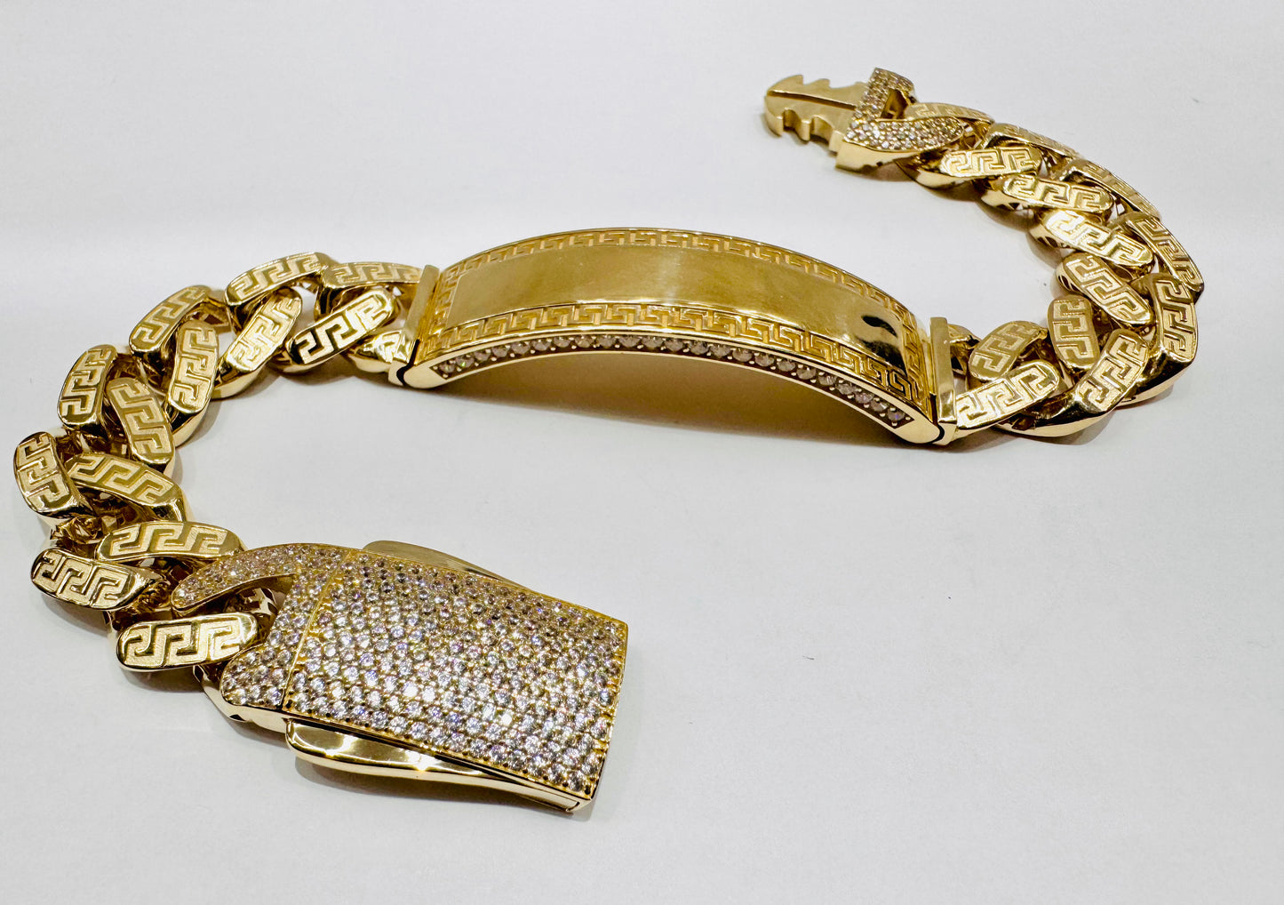 10K GOLD MONACO ID BRACELET WITH VERSACE DESIGN 9”, WIDTH: 14.4mm, WEIGHT: 32.6gm