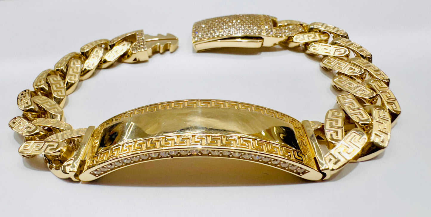10K GOLD MONACO ID BRACELET WITH VERSACE DESIGN 9.5”, WIDTH: 14.4mm, WEIGHT: 35gm