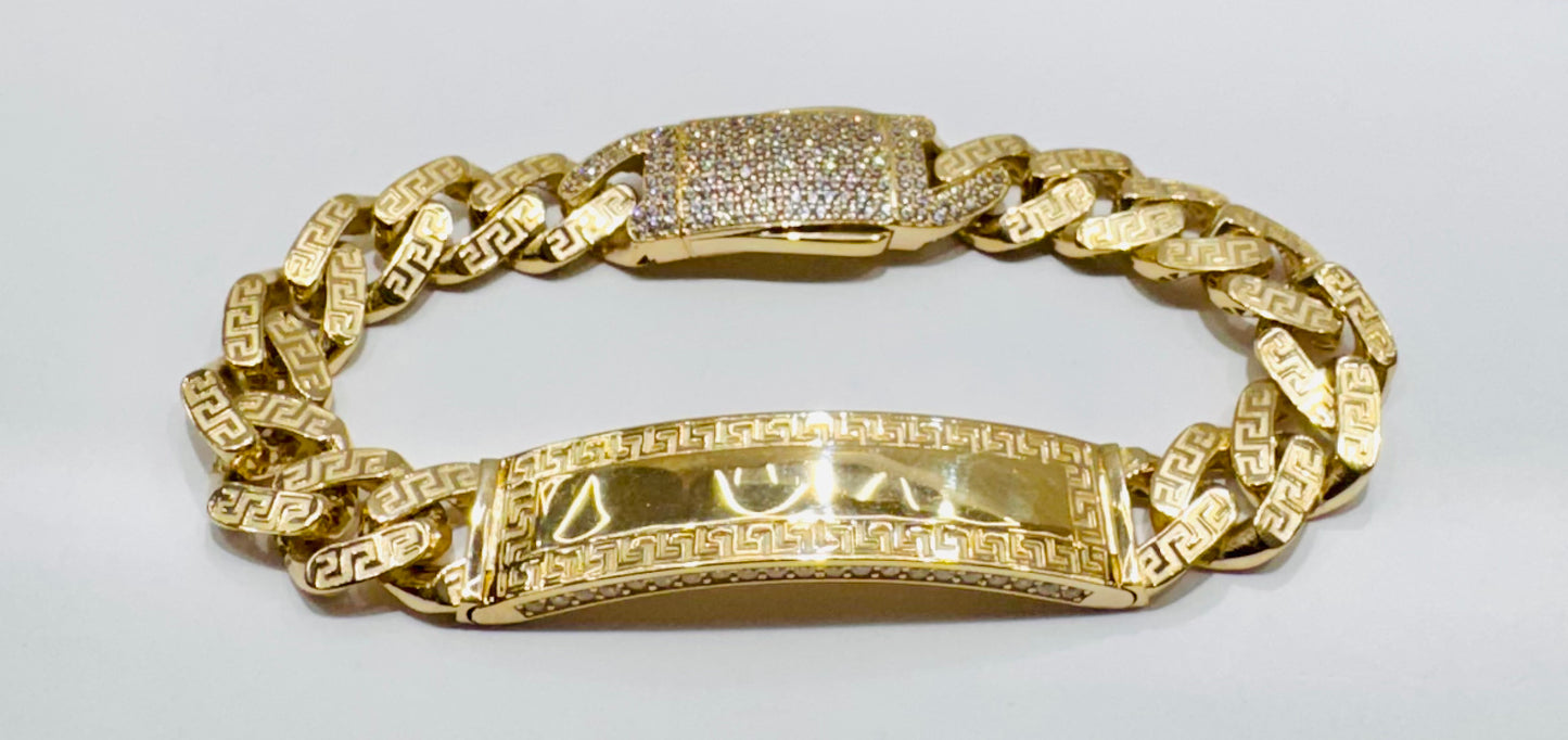 10K GOLD MONACO ID BRACELET WITH VERSACE DESIGN 9.5”, WIDTH: 13mm, WEIGHT: 27gm