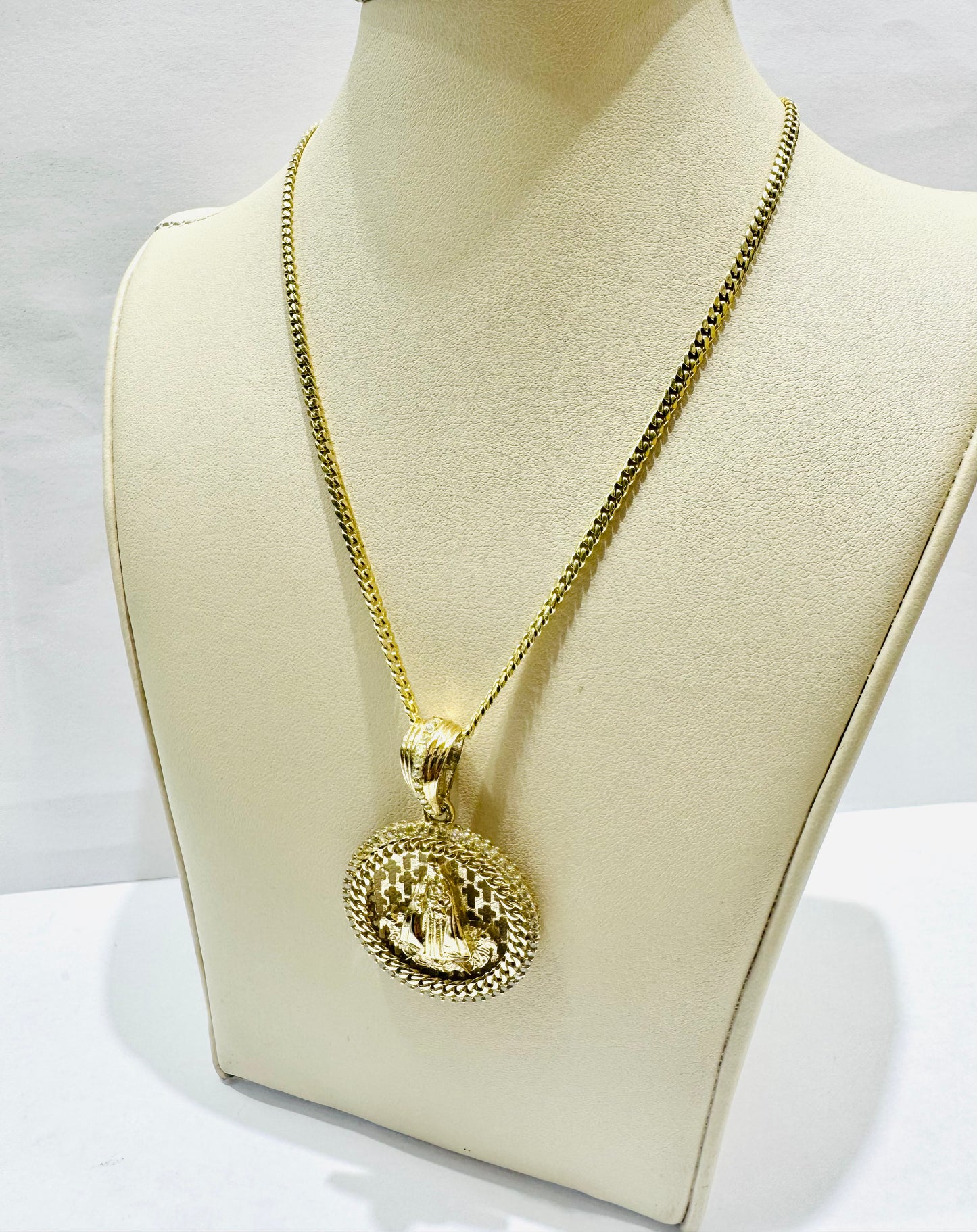 10K GOLD SOLID MIAMI CUBAN NECKLACE 24” WITH VIRGEN DE LA CARIDAD DEL COBRE PENDANT SET, WEIGHT: 17.8gm