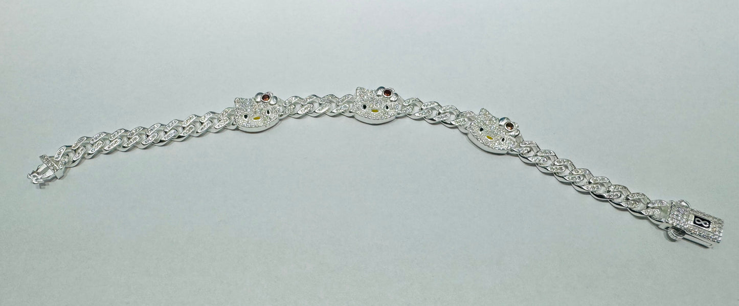 SILVER CUSTOM MADE, HELLO KITTY CUBAN BRACELET WITH CZ STONES, 9” INCH, WEIGHT: 25.6gm