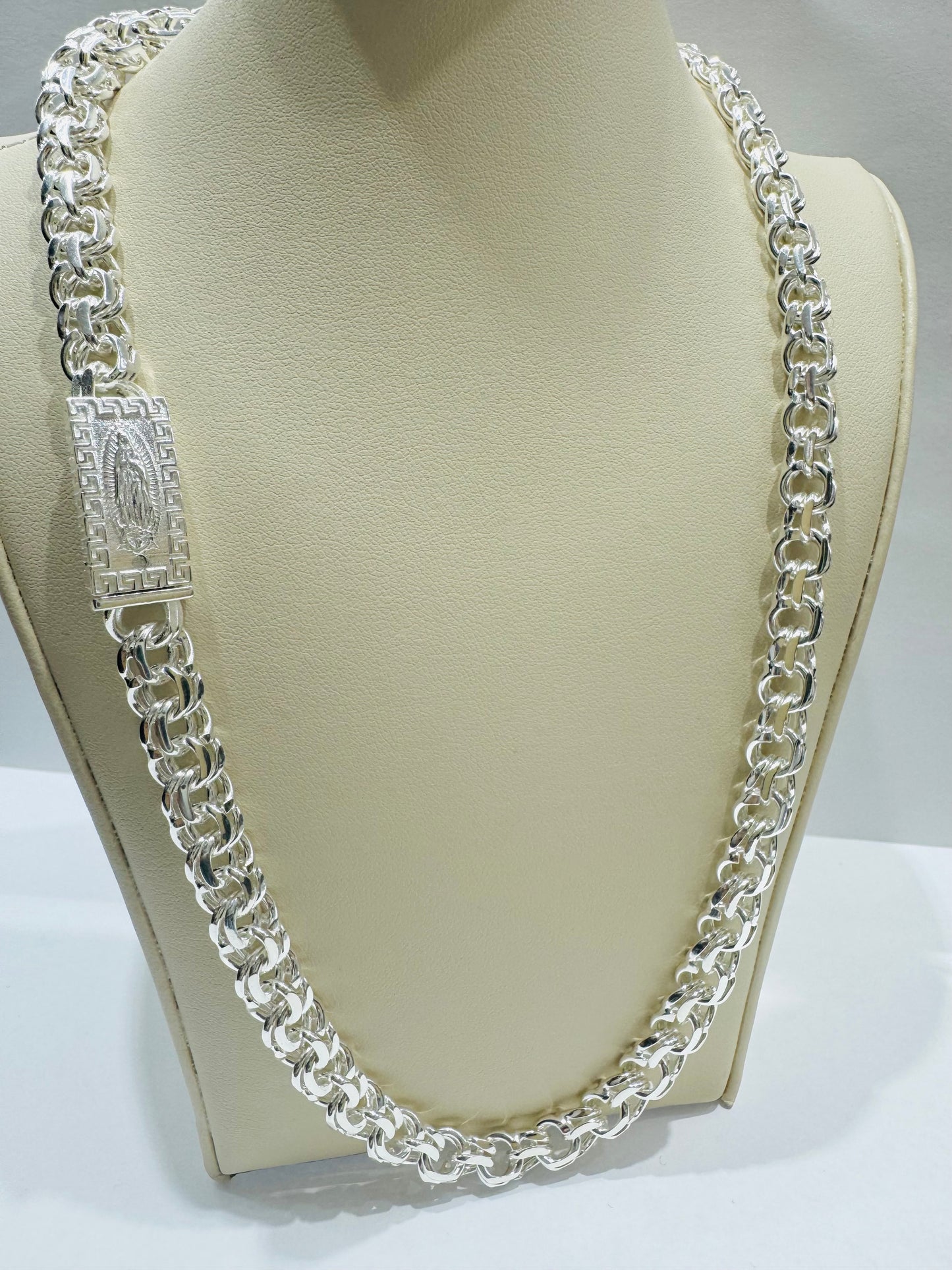 SILVER ITALIAN CHINO LINK NECKLACE WITH VIRGIN MARY LOCK 22”, WEIGHT: 65.3gm, WIDTH: 8.87mm