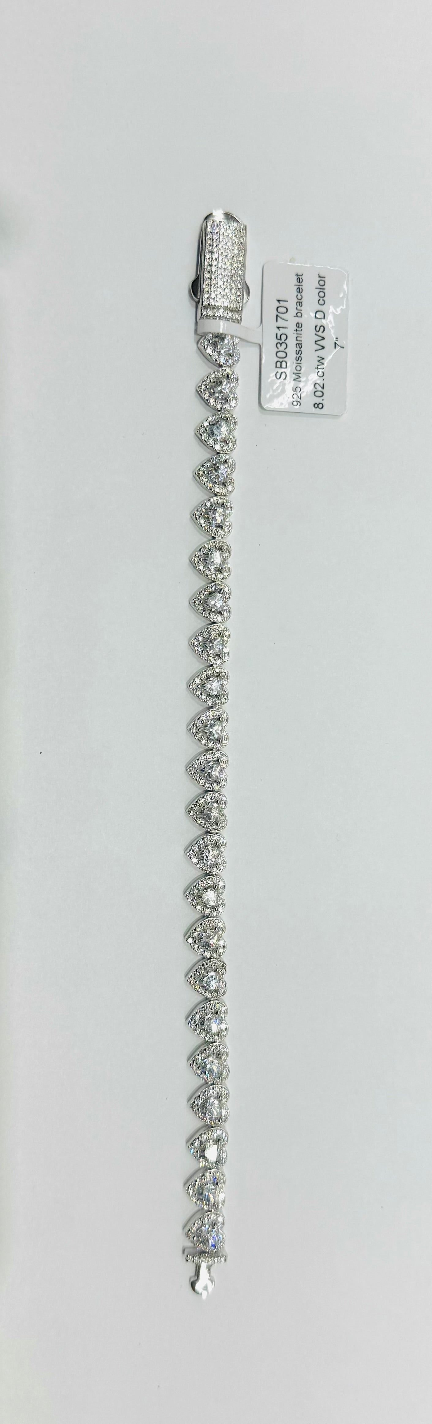 SILVER MOISSANITE HEART BRACELET 7”, VVS 8.02CTW