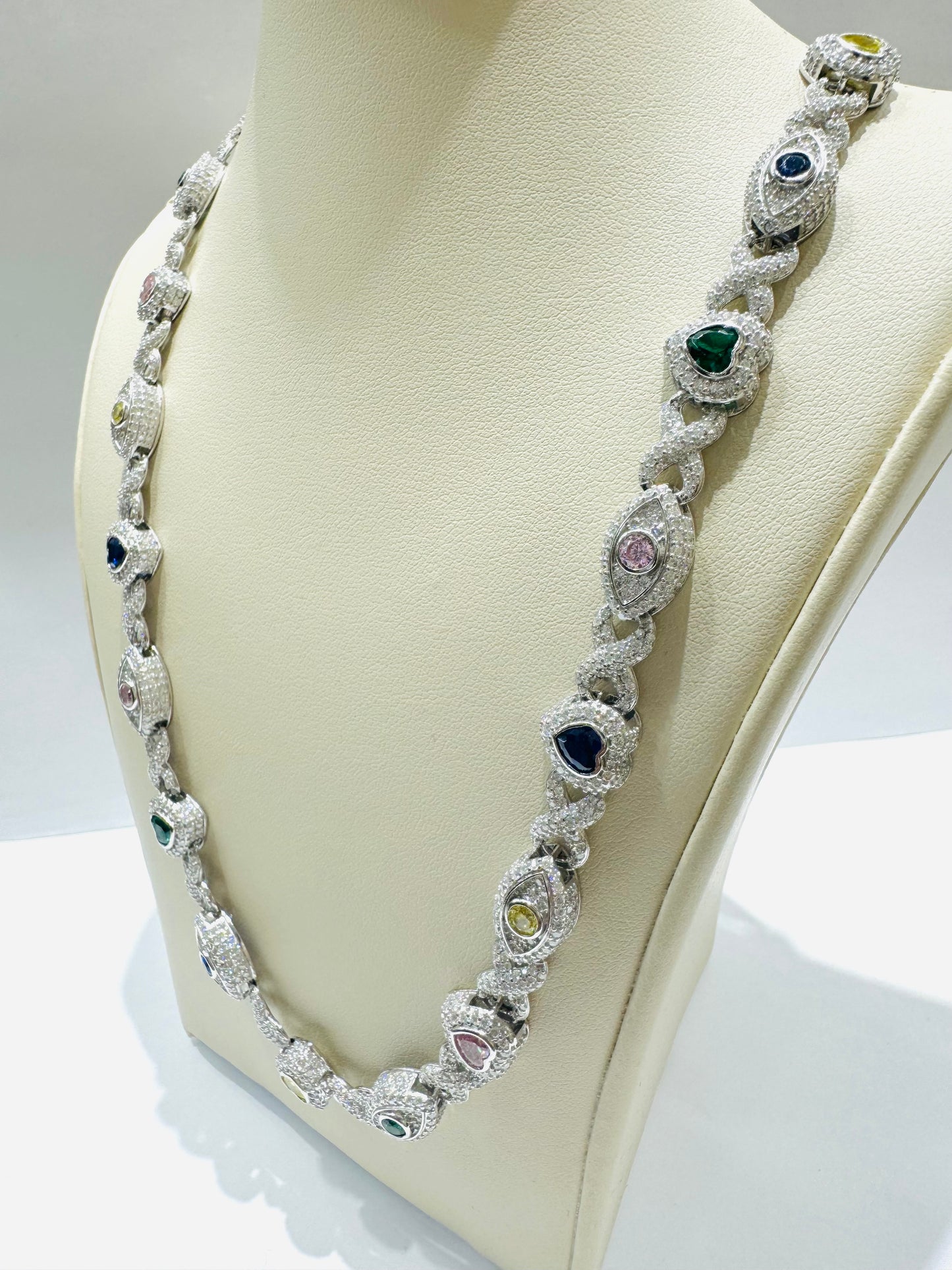 SILVER MOISSANITE HEART AND EVIL EYE NECKLACE 20”, VVS 15.34CTW