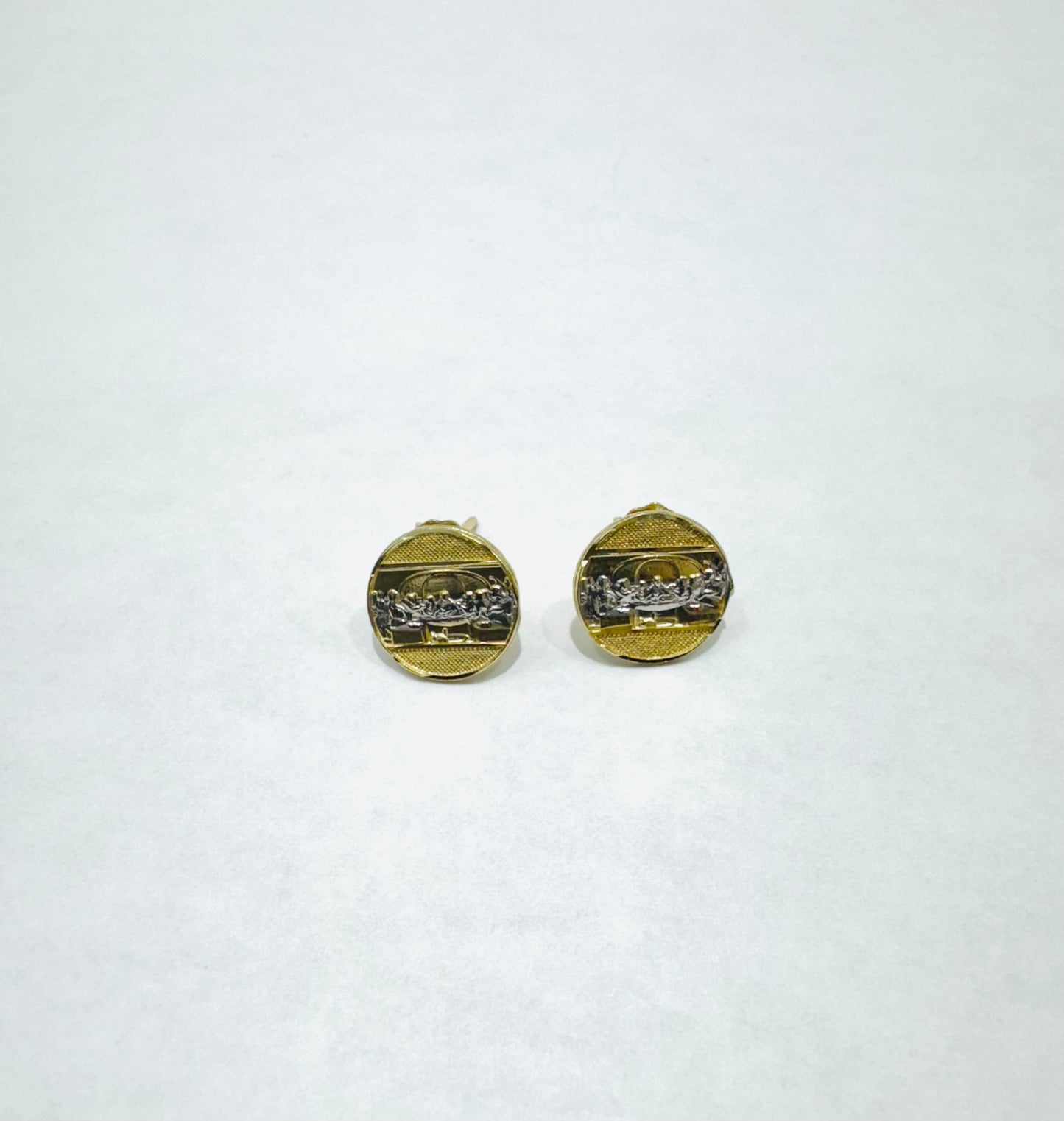 10K GOLD CUSTOM MADE, ROUND TWO TONED SMALL LASTSUPPER EARRINGS, WEIGHT: 1.2gm