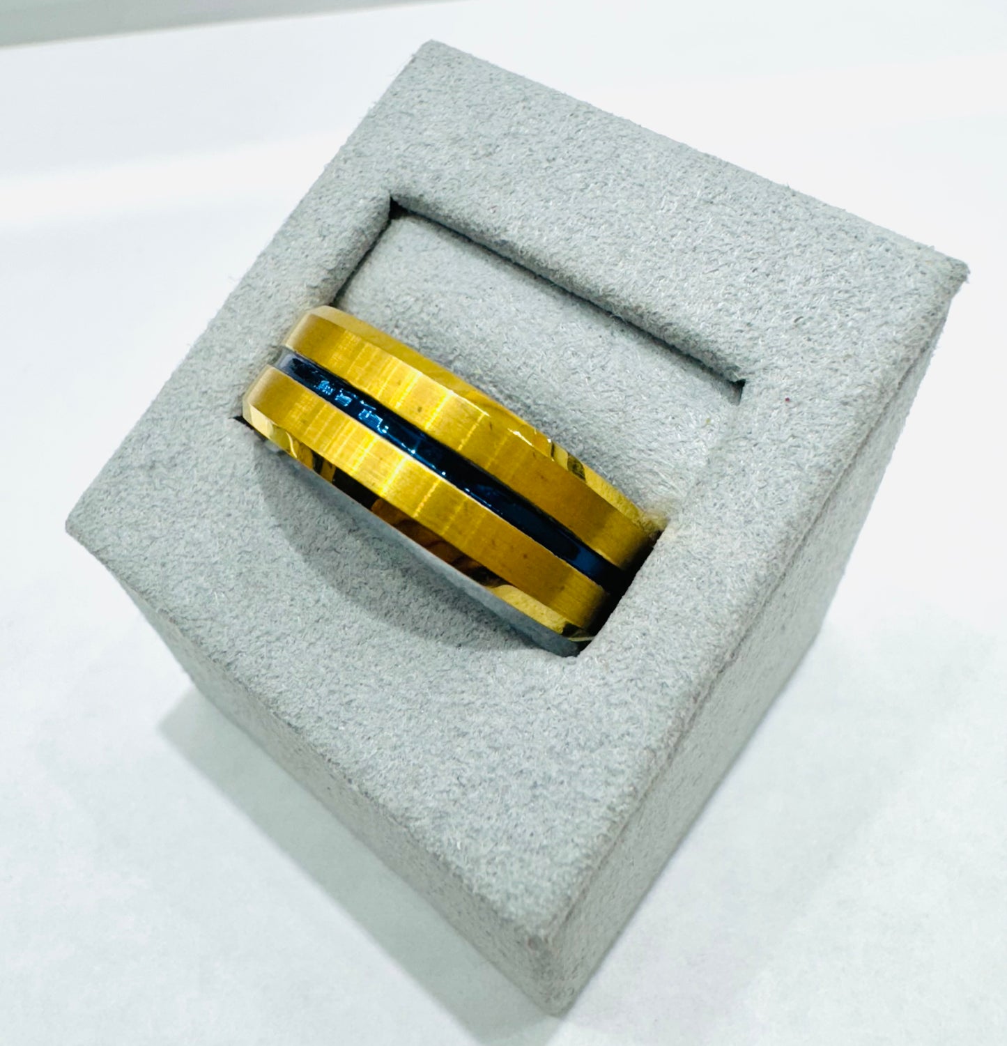 MENS GOLD & BLUE STRIPE TUNGSTEN CARBIDE WEDDING BAND 8mm, SIZE: 12