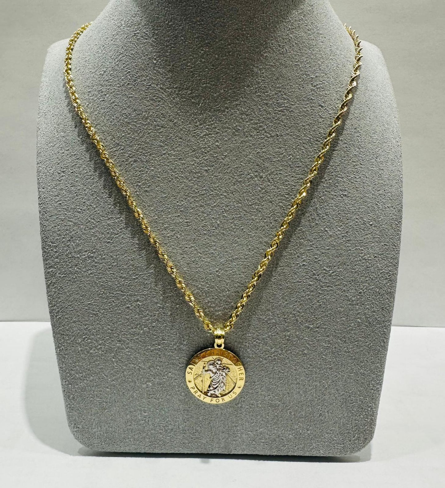 10K GOLD ROPE CHAIN (16", 2.0gm) WITH SAINT CHRISTOPHER PENDANT(1.8gm)