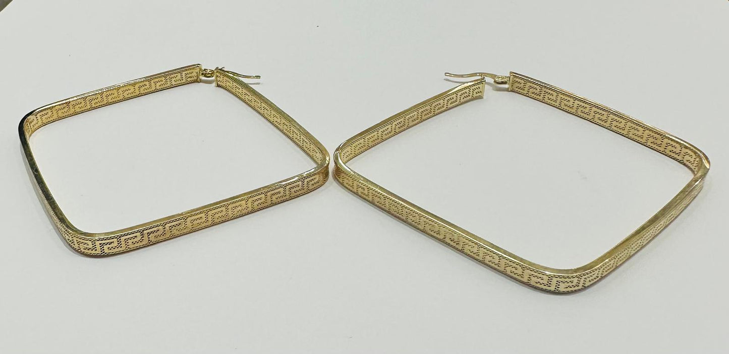 10K GOLD VERSACE GRECA SQUARE HOOP EARRINGS, WEIGHT: 7.4gm