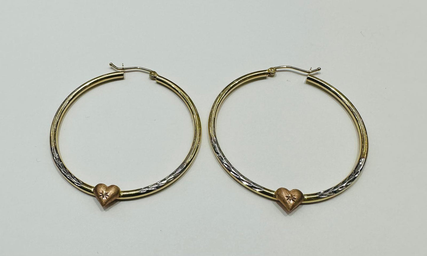 10K GOLD TRI COLOR ROUND HEART HOOP EARRINGS, WEIGHT: 2.4gm