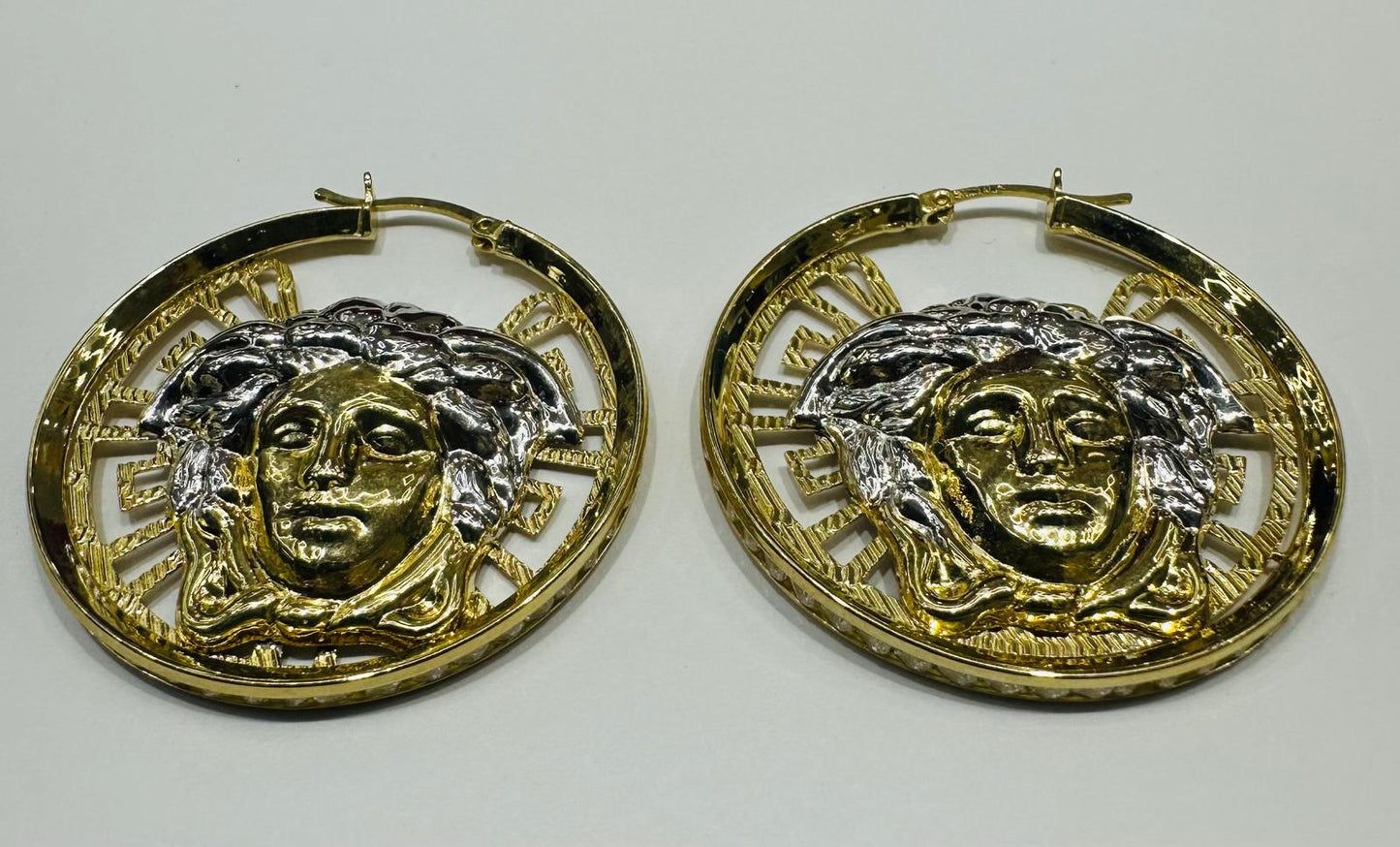 10K YELLOW GOLD & SILVER VERSACE MEDUSA HOOP EARRINGS, WEIGHT: 7.3gm