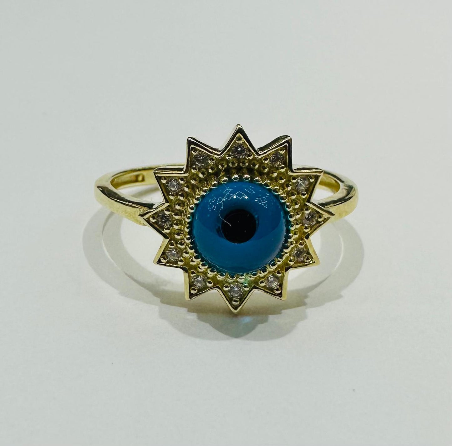 10K GOLD EVIL EYE BLUE FLOWER RING, WEIGHT: 2.2gm