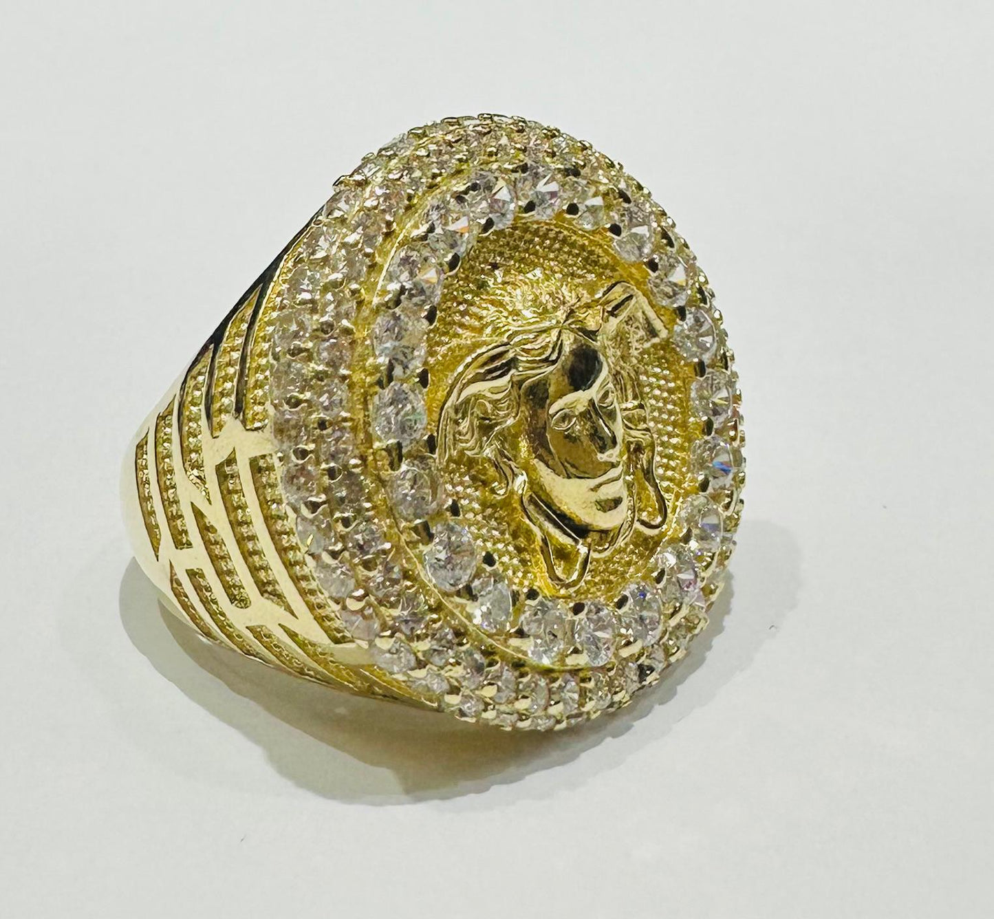 10K GOLD MEDUSA HEAD RING WITH CZ STONES, SIZE: 8.0, WEIGHT: 11.2gm