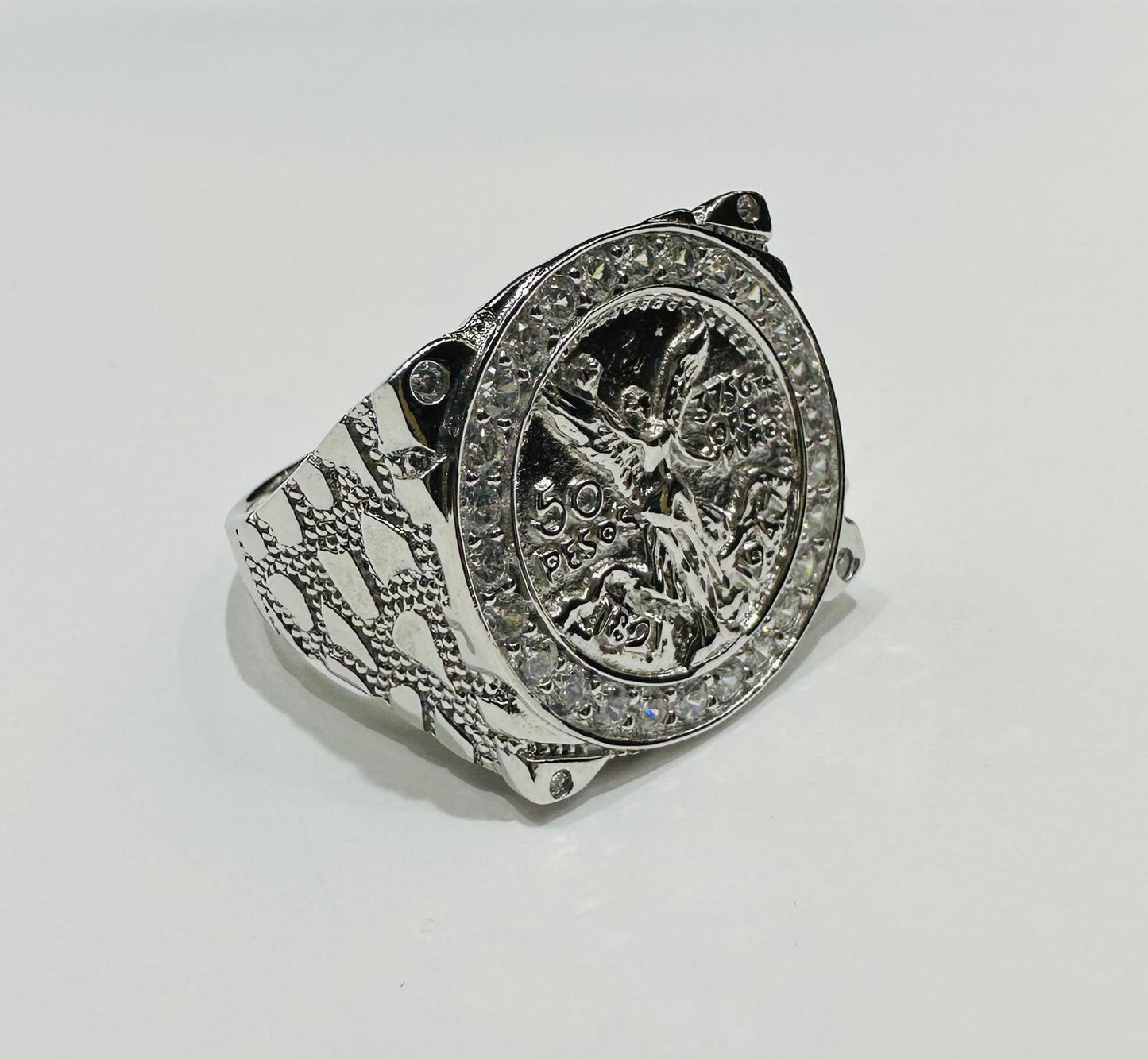 SILVER 50 PESOS CENTENARIO RING WITH CZ STONES, SIZE: 10.2 WEIGHT: 9.0gm
