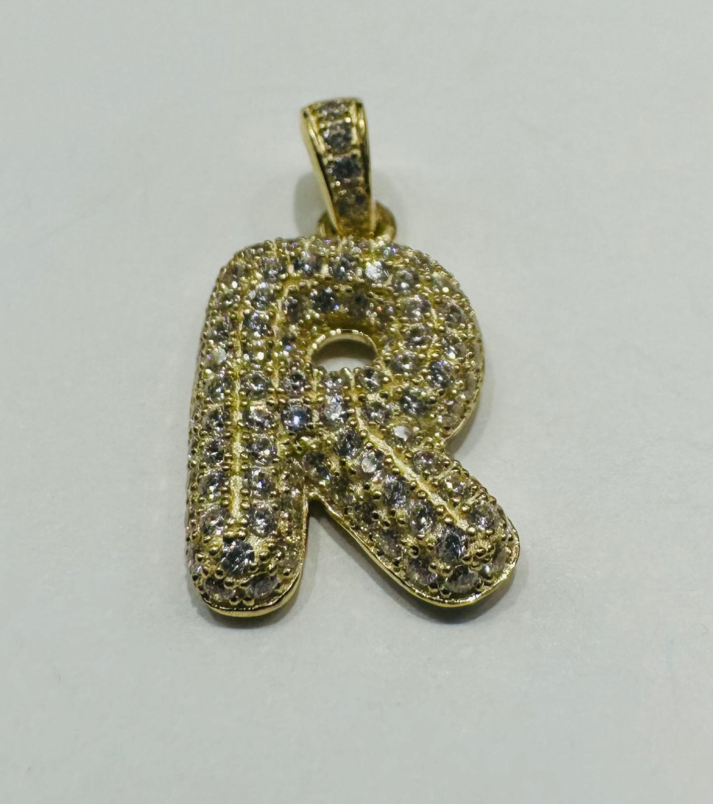 10K GOLD CZ STONE INITIAL LETTER "R" PENDANT- WEIGHT: 2.3gm
