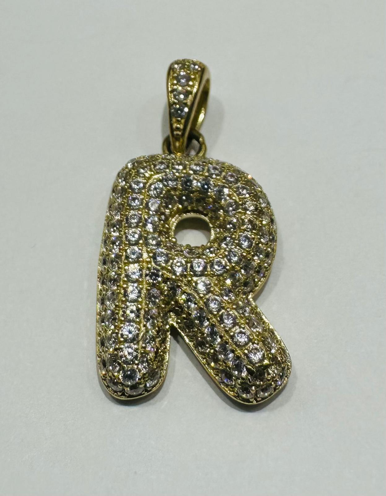 10K GOLD CZ STONE INITIAL LETTER "R" PENDANT - WEIGHT: 3.8gm