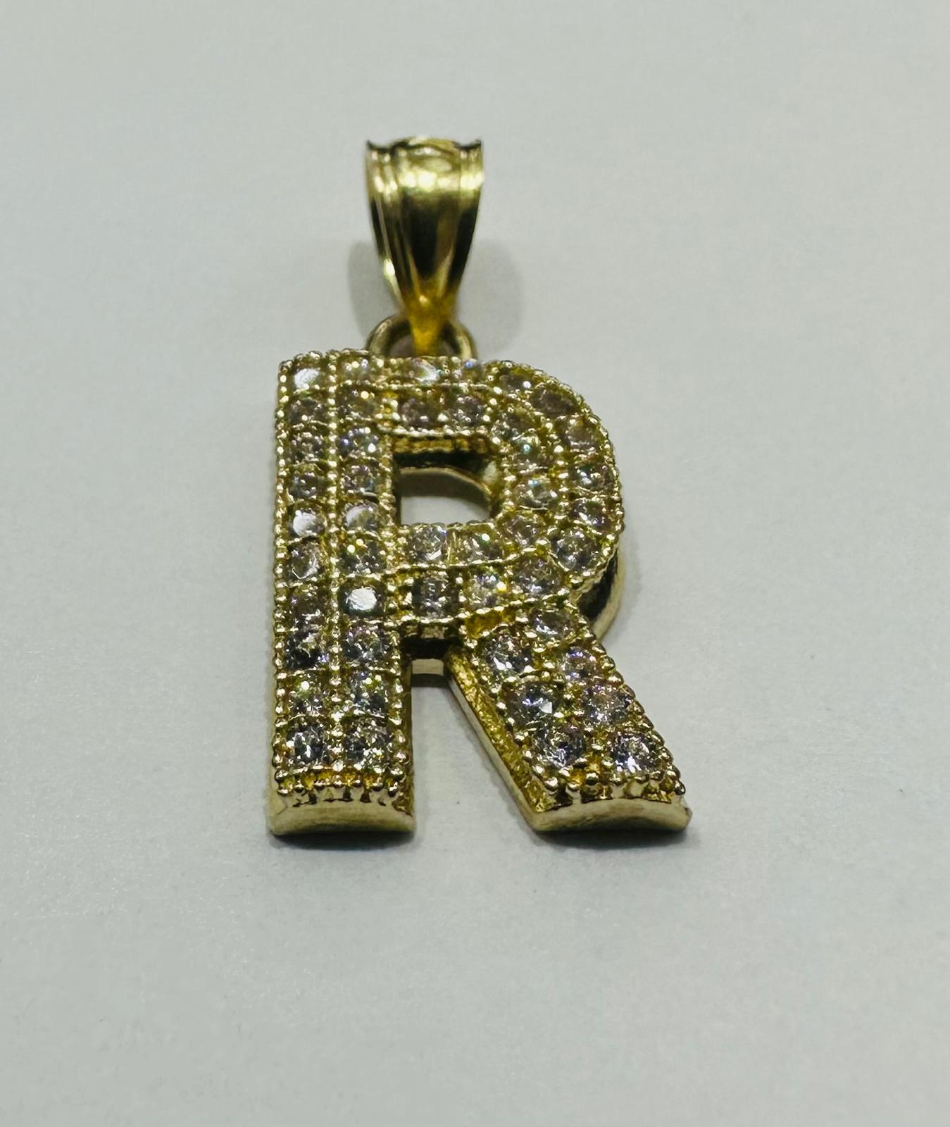 10K GOLD CZ STONE INITIAL LETTER "R" PENDANT
