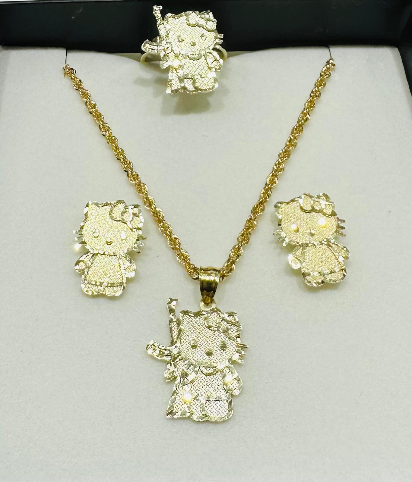 10K GOLD KITTY AK-47 NECKLACE. PENDANT, RING AND EARRINGS SET