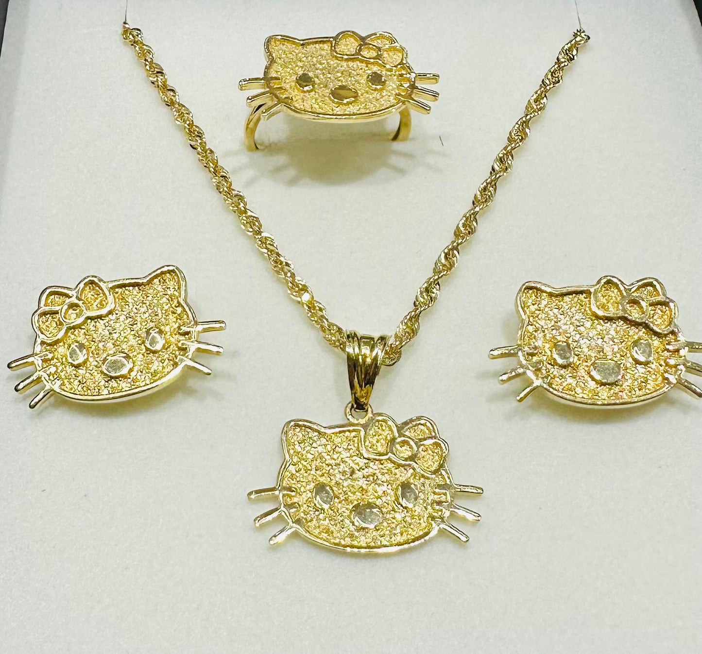 10K GOLD KITTY NECKLACE. PENDANT, RING AND EARRINGS SET