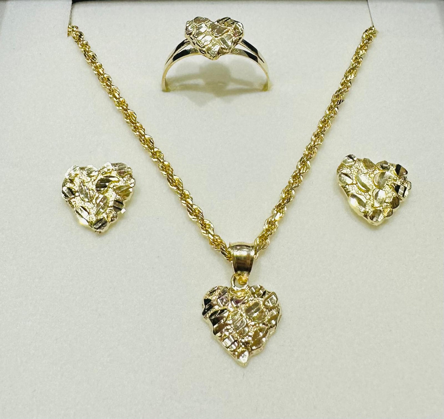 10K GOLD HEART NECKLACE. PENDANT, RING AND EARRINGS SET