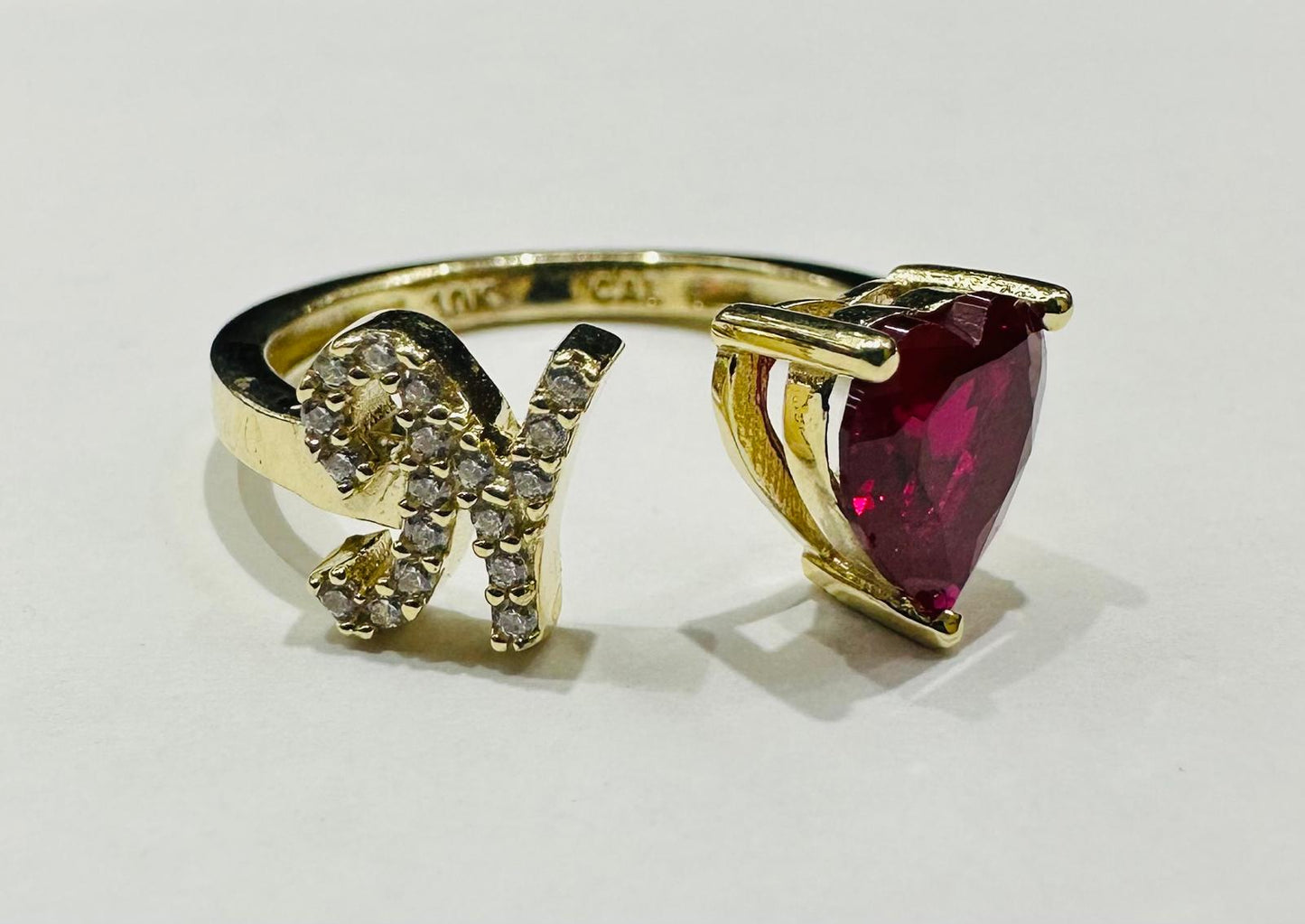 10K GOLD INITIAL LETTER "N" RING WITH CZ STONE