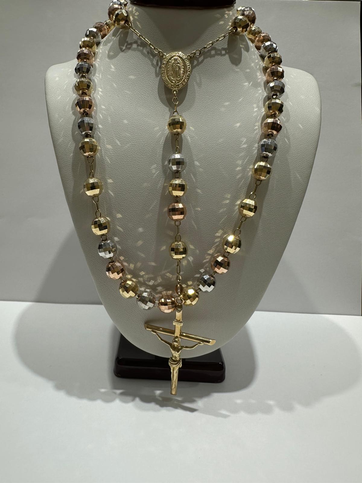 10K GOLD TRI COLOR CROSS ROSARY NECKLACE- WEIGHT: 39.9gm