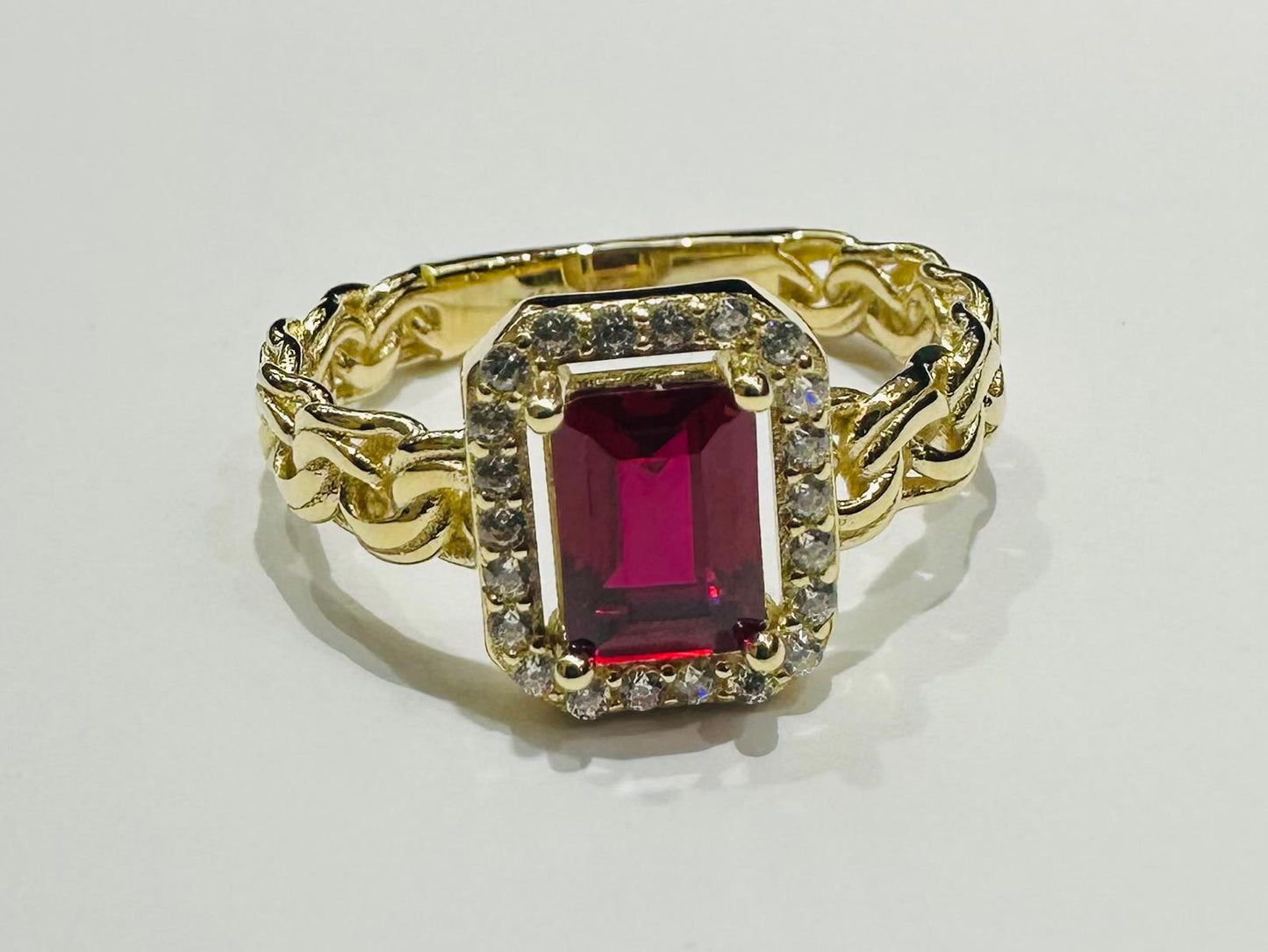 14K GOLD RED RUBY RING WITH CZ STONES- WEIGHT: 3.4gm