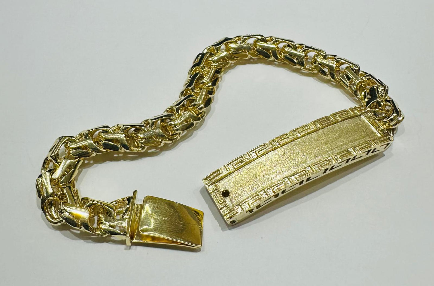 10K GOLD CHINO LINK GREEK ID BRACELET- 9" WEIGHT: 50.4gm
