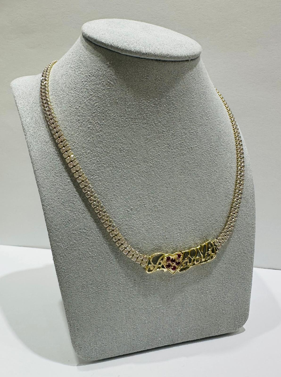 10K GOLD WHITE SAPPHIRE " I LOVE YOU " NECKALCE- WEIGHT: 14.7gm