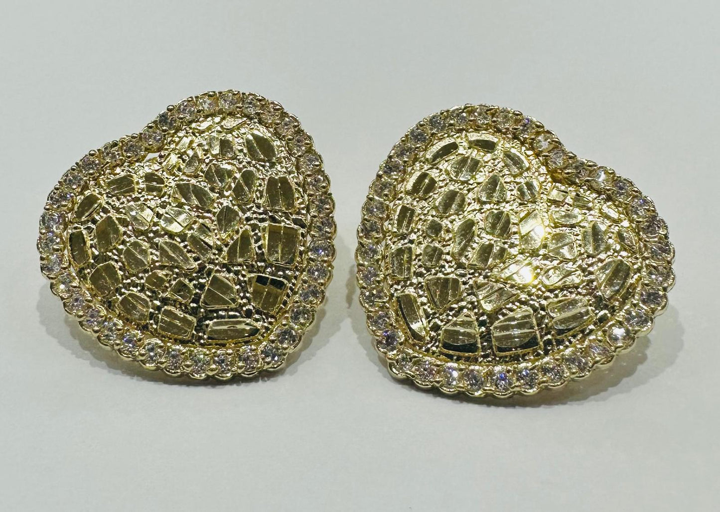10K GOLD HEART NUGGET EARRINGS WITH WHITE SAPPHIRE- WEIGHT: 4.4gm