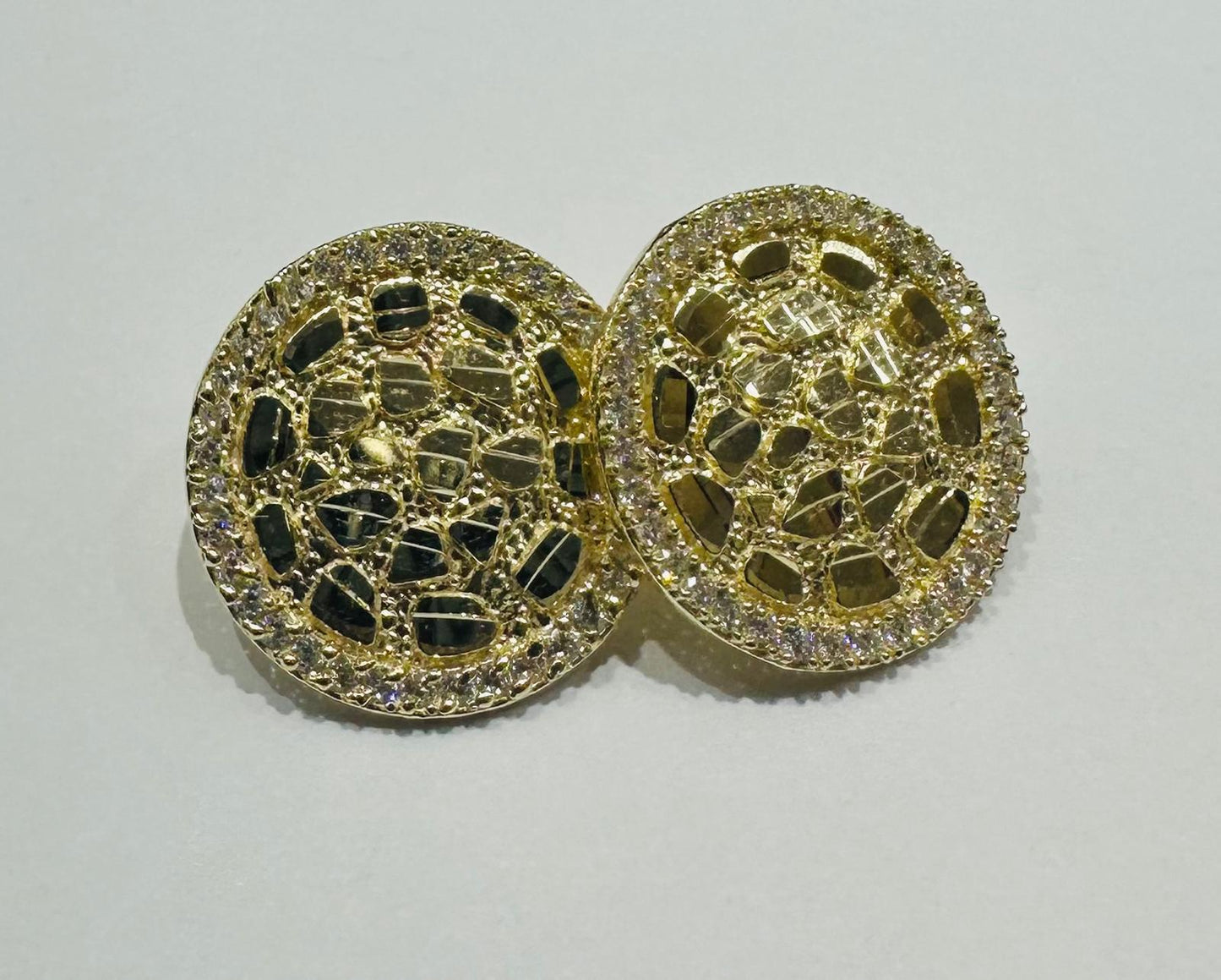 10K GOLD ROUND NUGGET EARRINGS WITH WHITE SAPPHIRE- WEIGHT: 3.1gm