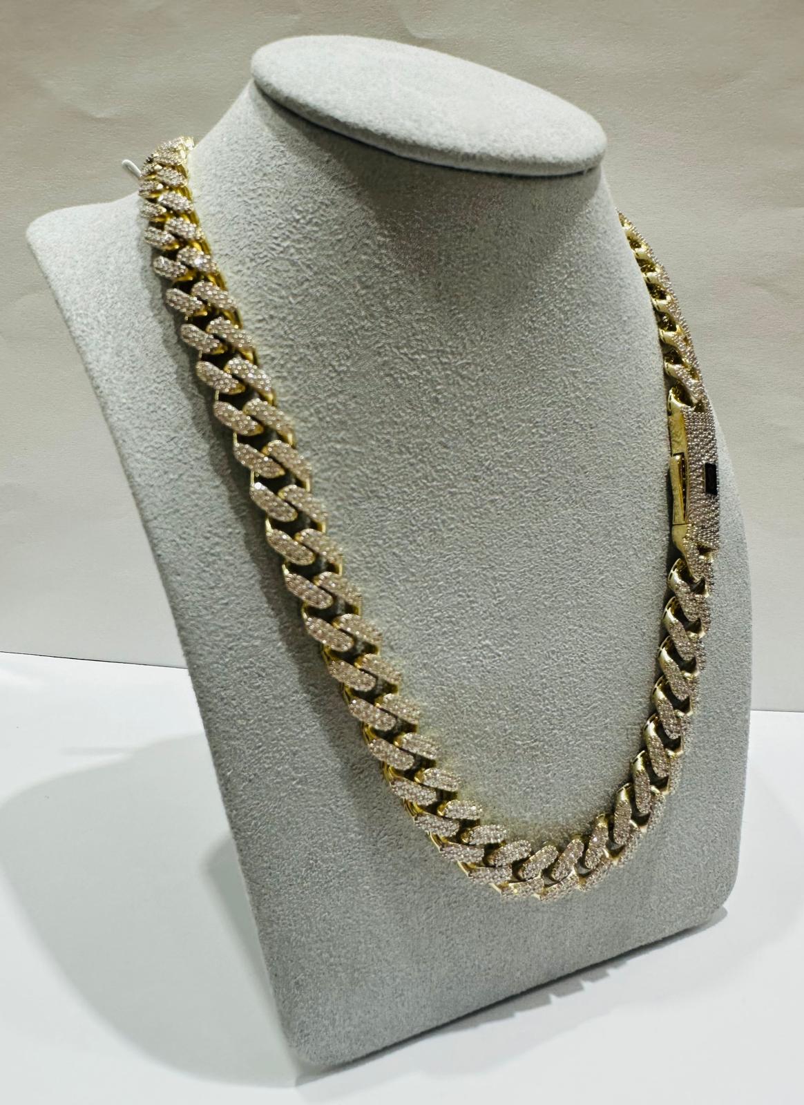 10K GOLD MONACO MIAMI CUBAN LINK CHAIN WITH CZ STONES- WEIGHT: 31.9gm 18" 9.20mm