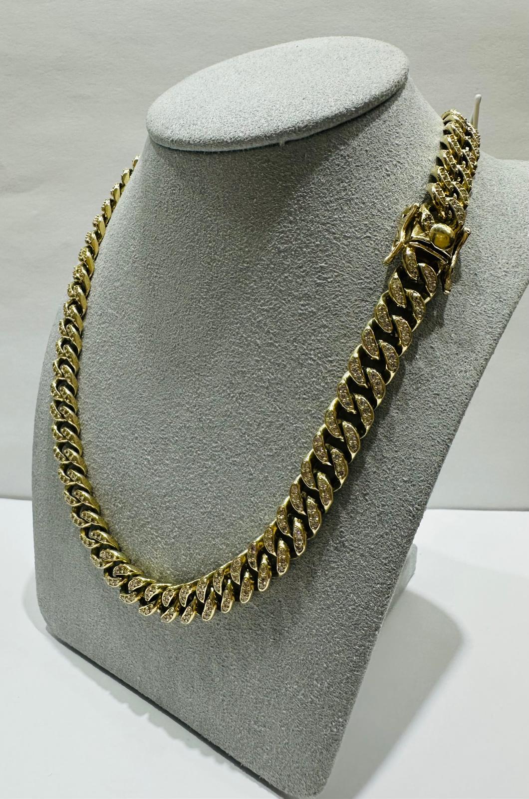 10K GOLD CUBAN LINK CHAIN WITH CZ STONES- WEIGHT: 75.9gm 20" 8.50mm