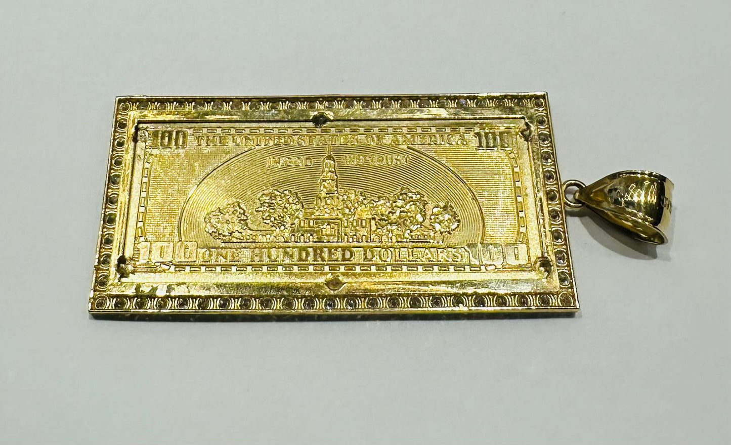 10K GOLD HUNDRED DOLLAR BILL PENDANT WITH CZ STONES- WEIGHT: 12.8gm