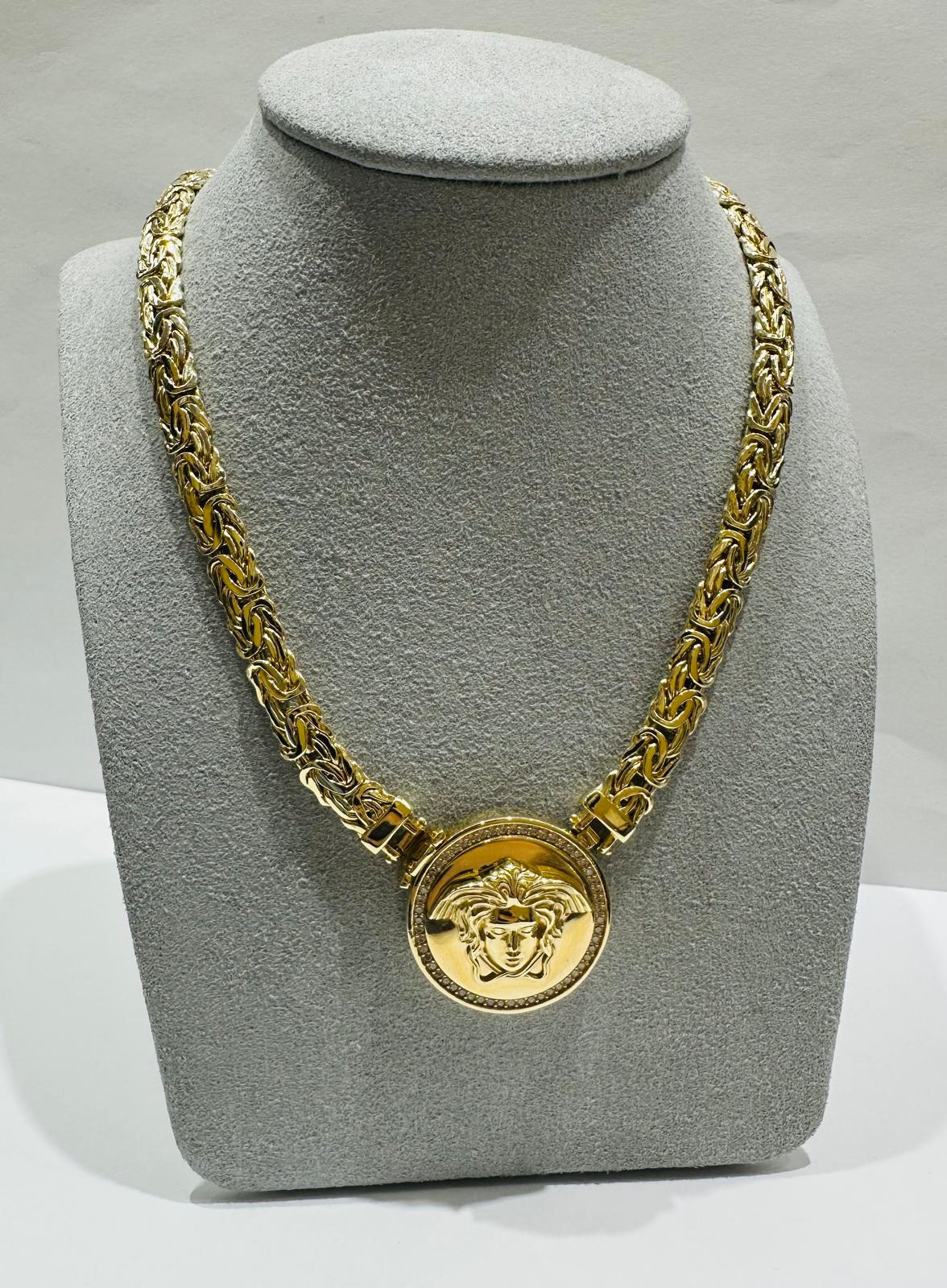 14K GOLD MEDUSA HEAD BYZANTINE LINK CHAIN NECKLACE- 26.4gm