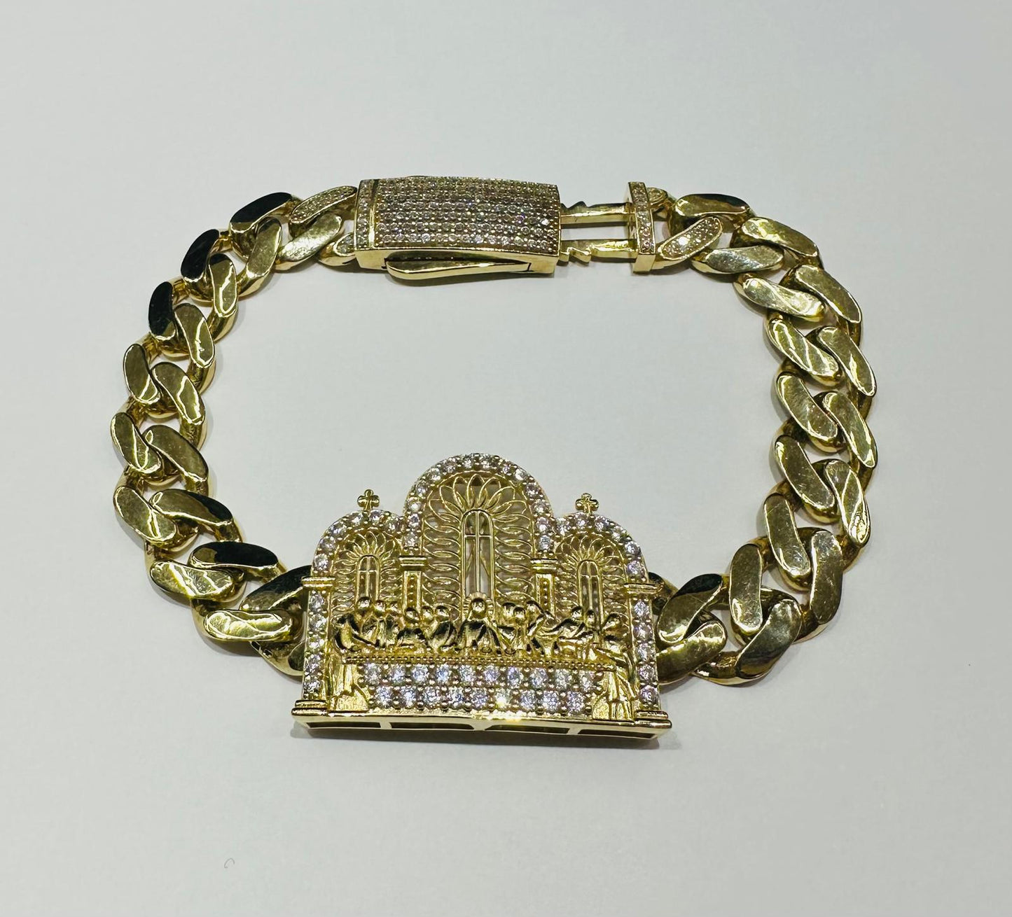 10K GOLD LAST SUPPER WHITE SAPPHIRE BRACELET- 24.6gm 8.5" 12.32mm