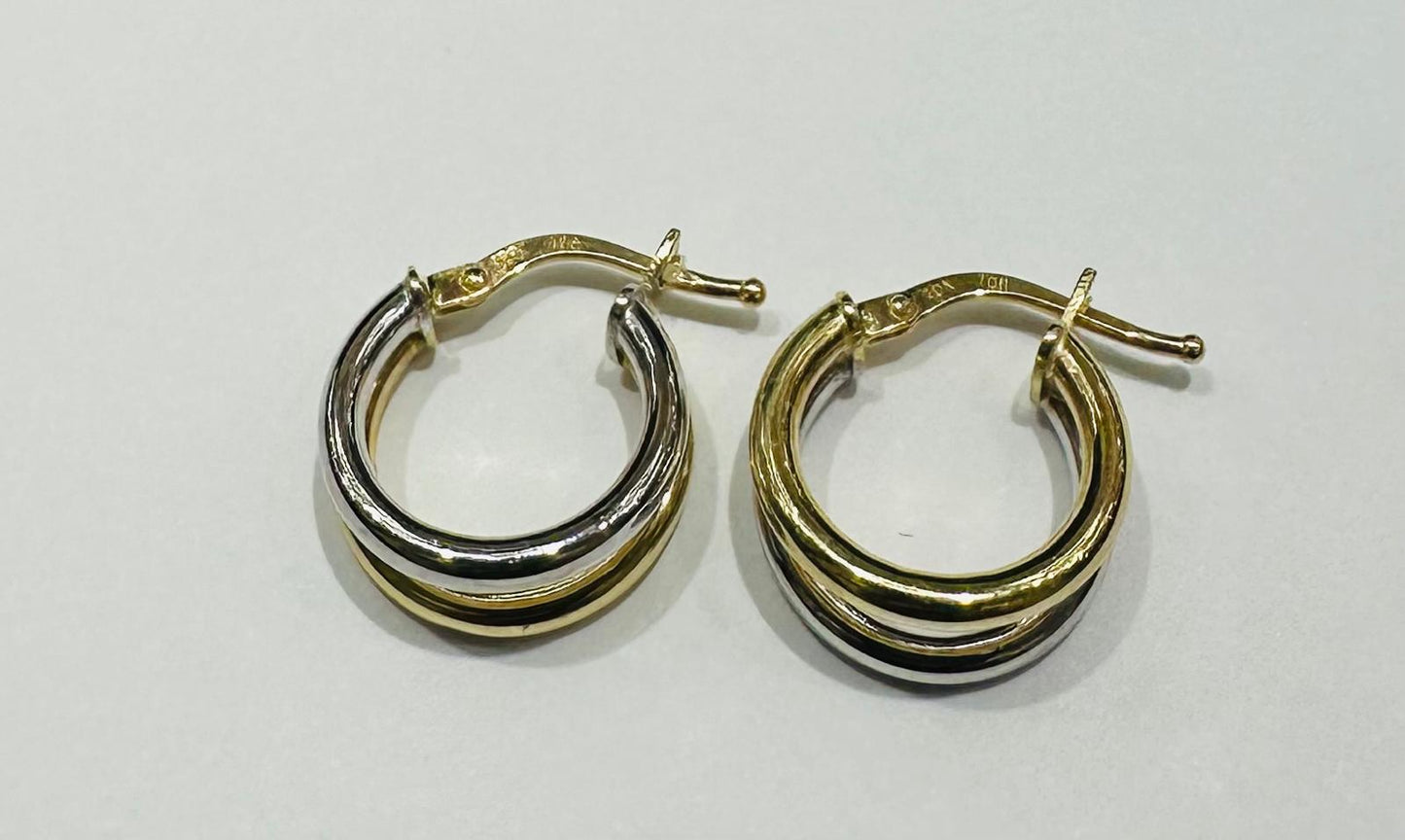 10K GOLD ROUND TWO TONED HOOP EARRINGS- 1.8gm
