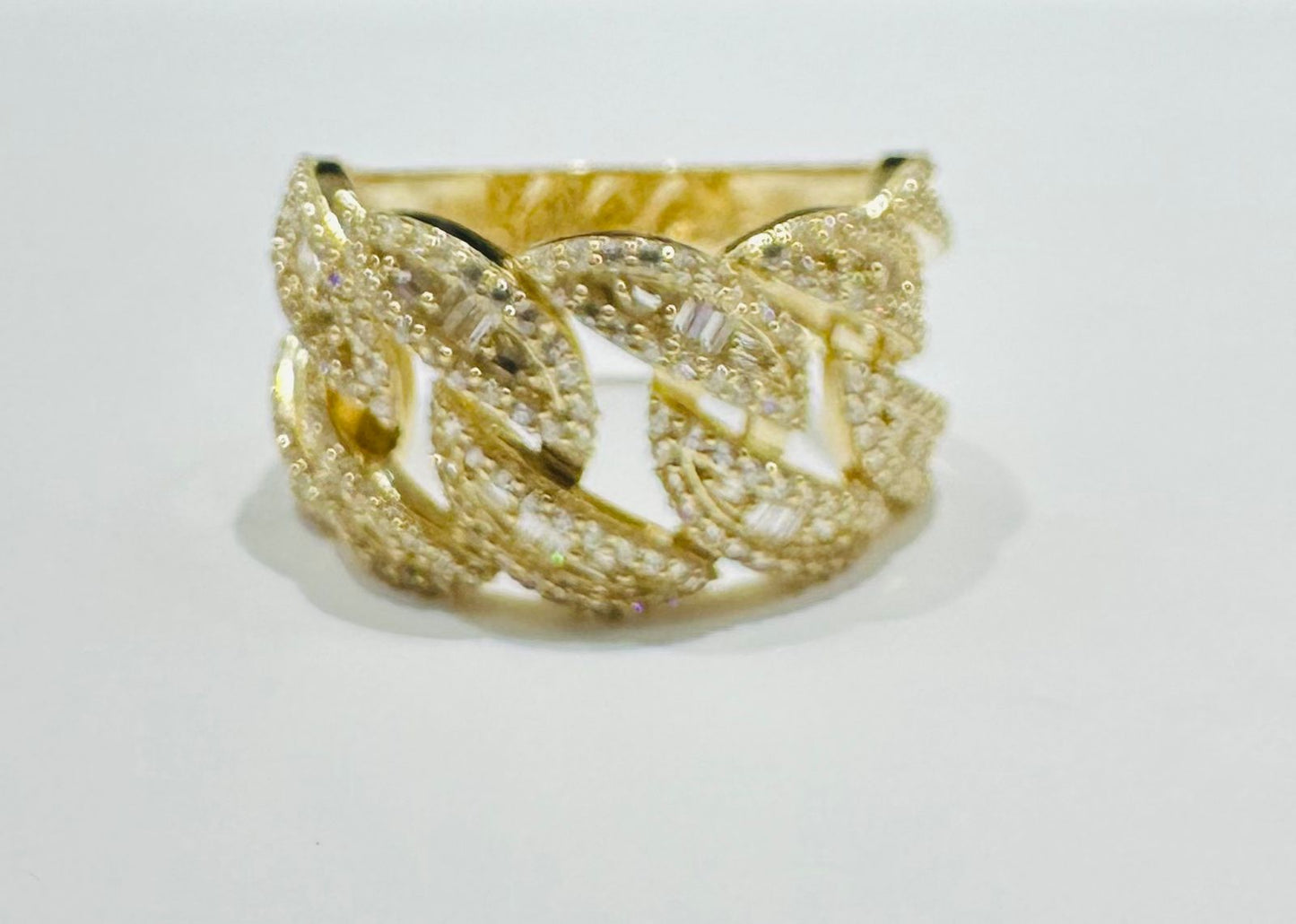10K GOLD CUBAN LINK CHAIN RING WITH BAGUETTE & WHITE SAPPHIRE- WEIGHT: 4.7gm
