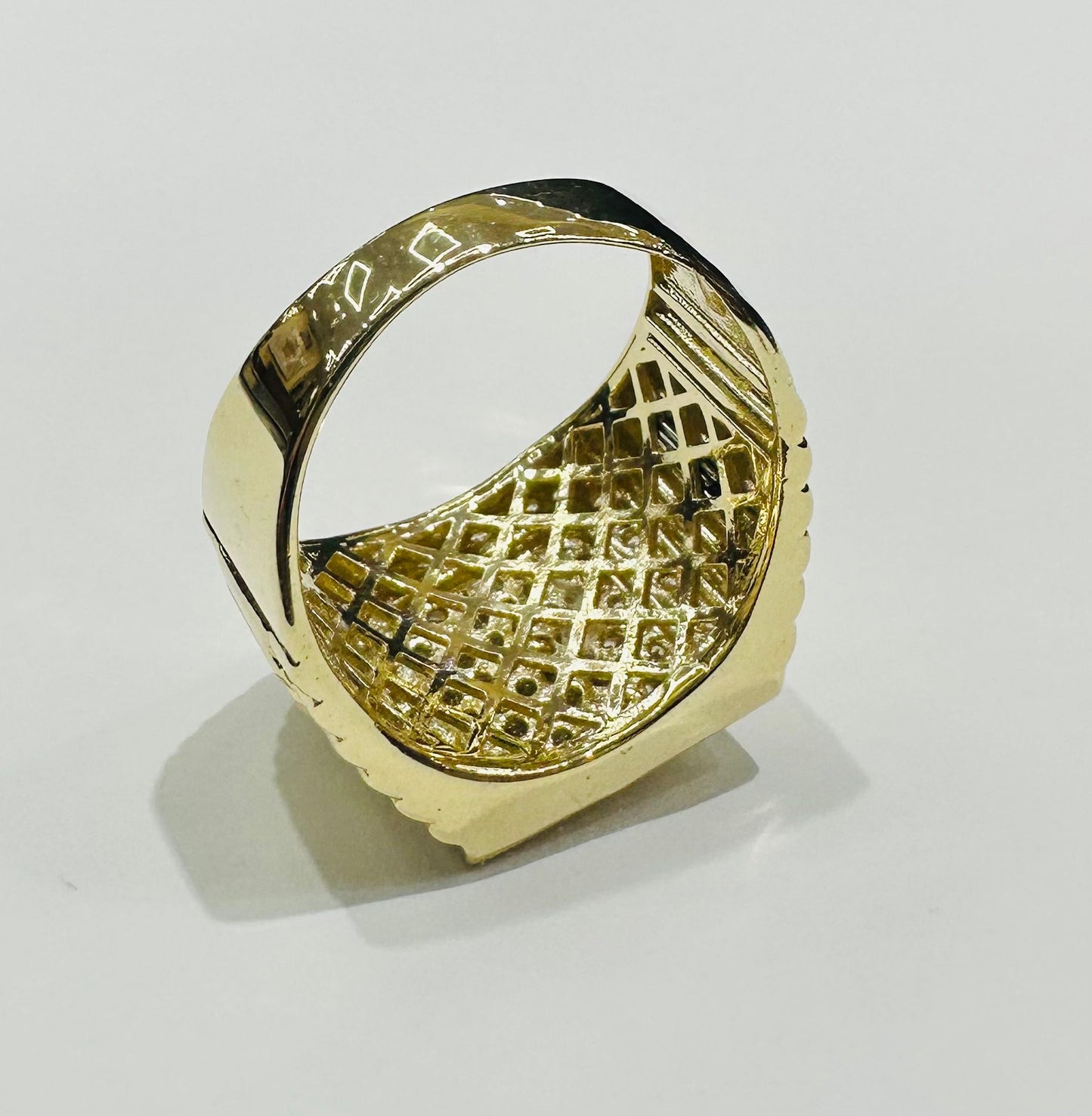 10K GOLD MEDUSA HEAD RING WITH WHITE SAPPHIRE- WEIGHT: 11.2gm