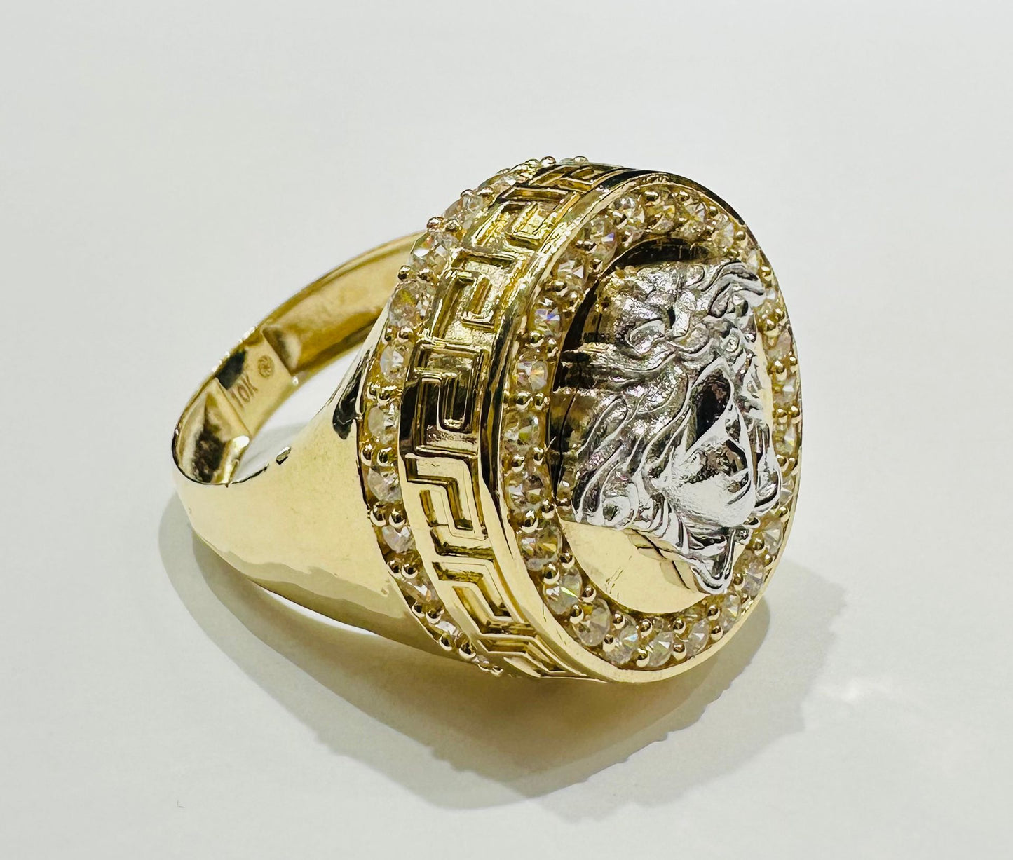 10K GOLD MEDUSA HEAD TWO TONED RING WITH WHITE SAPPHIRE- WEIGHT: 5.7gm