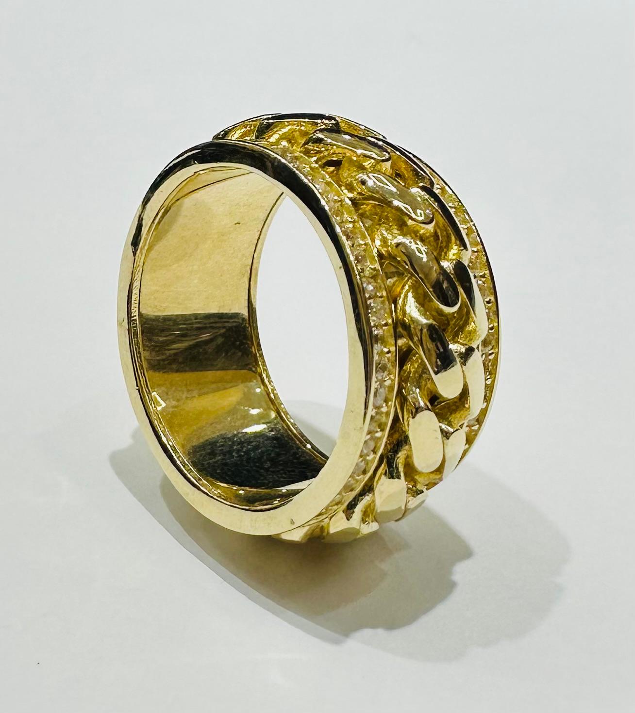 10K GOLD SPINNING CUBAN LINK RING WITH WHITE SAPPHIRE- WEIGHT: 12.3gm