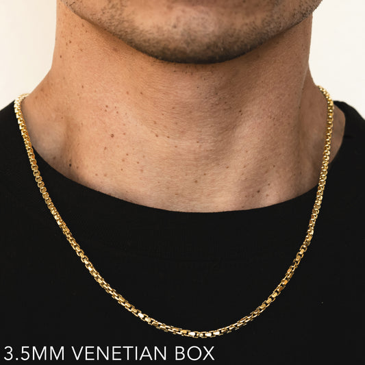 18K 3.5MM YELLOW GOLD SOLID VENETIAN BOX 16" CHAIN NECKLACE (AVAILABLE IN LENGTHS 7" - 30")