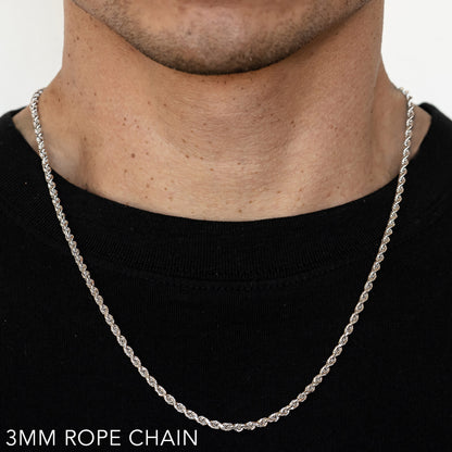 10K 3MM WHITE GOLD SOLID DC ROPE 24" CHAIN NECKLACE (AVAILABLE IN LENGTHS 7" - 30")