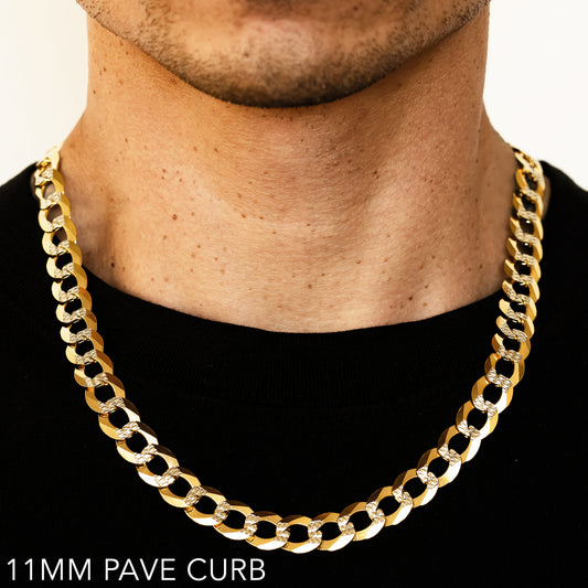 10K 11MM YELLOW GOLD SOLID PAVE CURB 30" CHAIN NECKLACE (AVAILABLE IN LENGTHS 7" - 30")