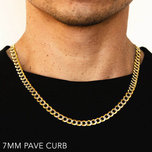 14K 7MM YELLOW GOLD SOLID PAVE CURB 20" CHAIN NECKLACE (AVAILABLE IN LENGTHS 7" - 30")