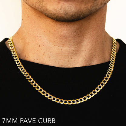 14K 7MM YELLOW GOLD SOLID PAVE CURB 26" CHAIN NECKLACE (AVAILABLE IN LENGTHS 7" - 30")